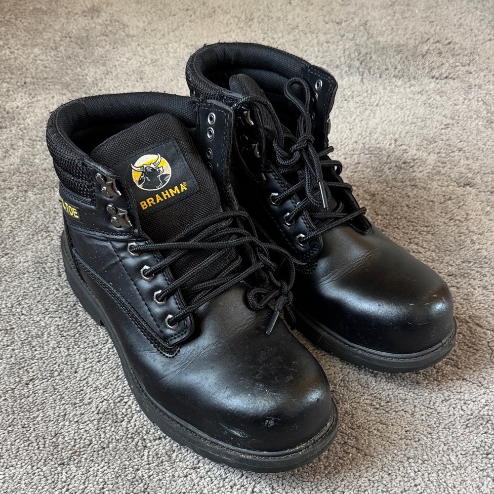 Brahma Black Leather Steel Toe Shock Absorbent Boots SIZE 9.5W